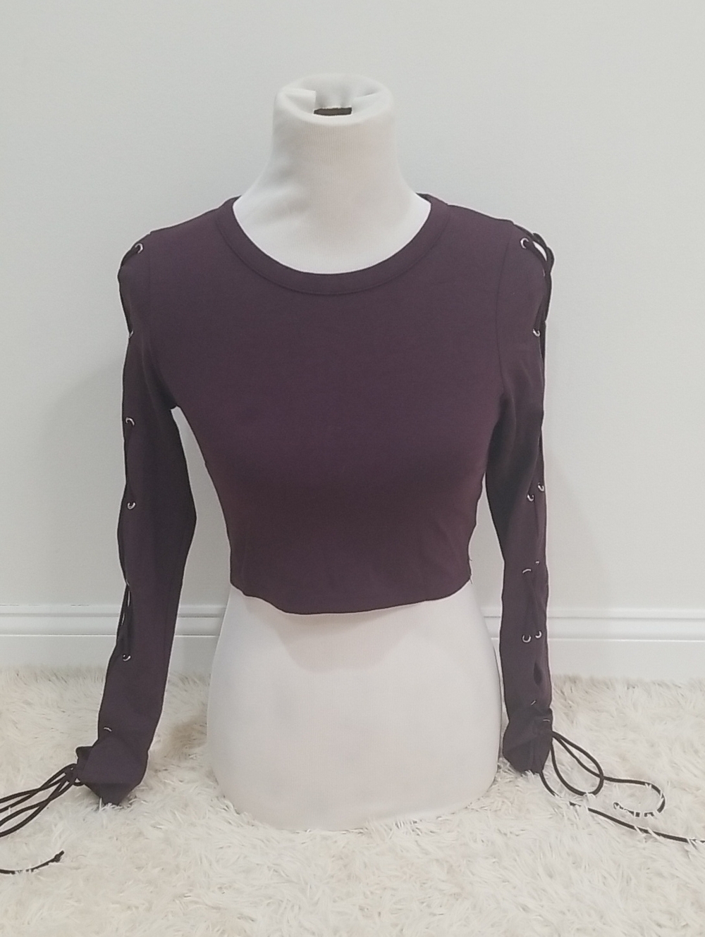 Tobi Plum Lace-Up Long Sleeve Crop Top